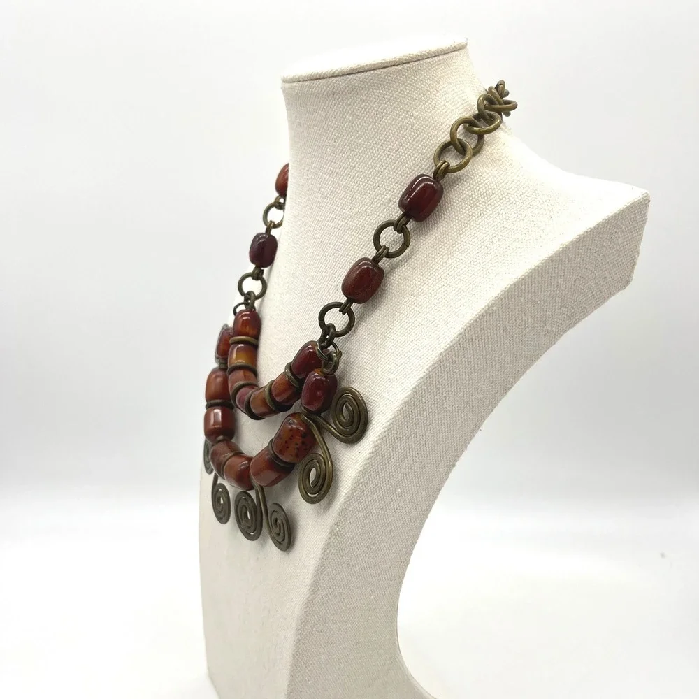 Vintage Phenolic Bakelite Brass Spiral Bib‎ Statement Necklace Tribal